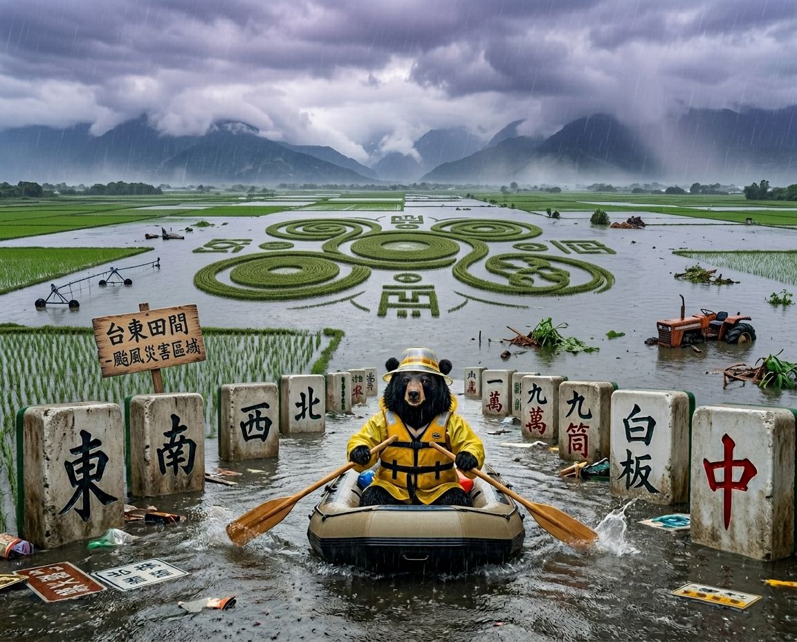 神祕麥田圈遭到颱風無情灌水,台東最新水上觀光景點黑熊麻將漂漂河,外星科技與台灣本土麻將文化的完美結合,一邊防颱一邊等自摸的台灣黑熊,台東災區的悠閒泛舟日記